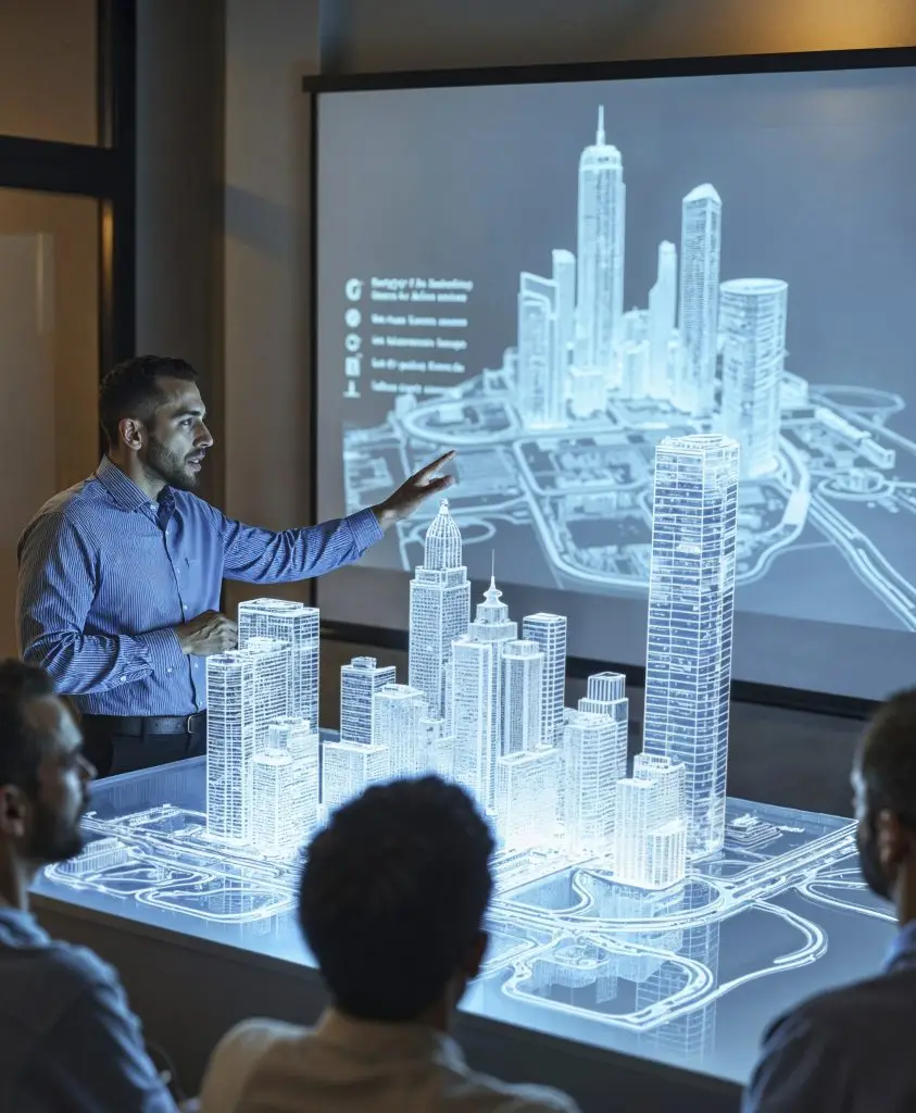 3) city planners with holographic image